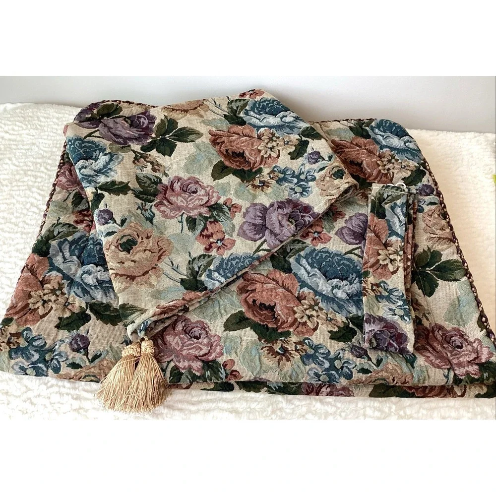 PB Brighton Tapestry King Shams (2) & (2) Window Toppers Floral Purple Rose